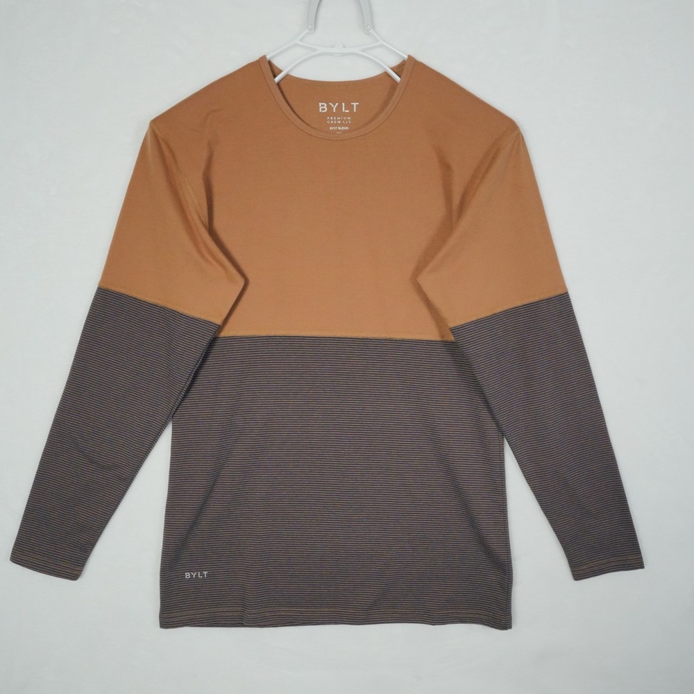 BYLT Shirt Men's Size Small Premium Crew Stripe Brown Black Stretch Long Sleeve